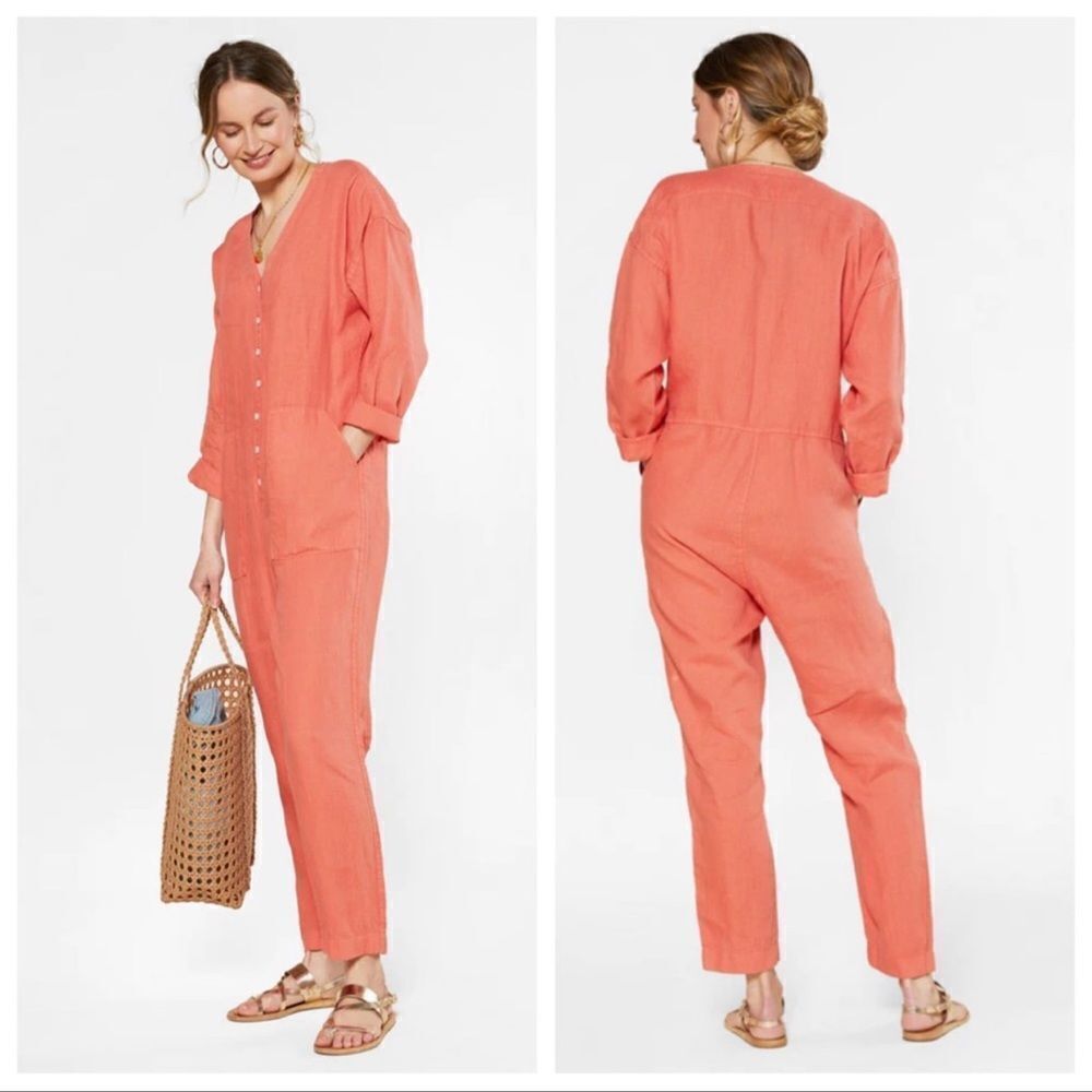 Outerknown Retrograde Linen Coral button down jumpsuit coveralls